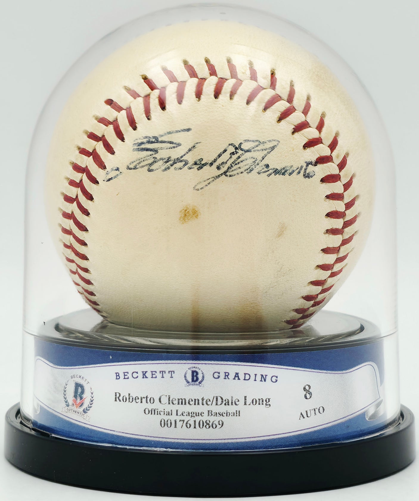 Roberto Clemente & Dale Long Autographed Official Giles NL Baseball Pittsburgh Pirates Auto Grade Near Mint/Mint 8 Beckett BAS #17610869