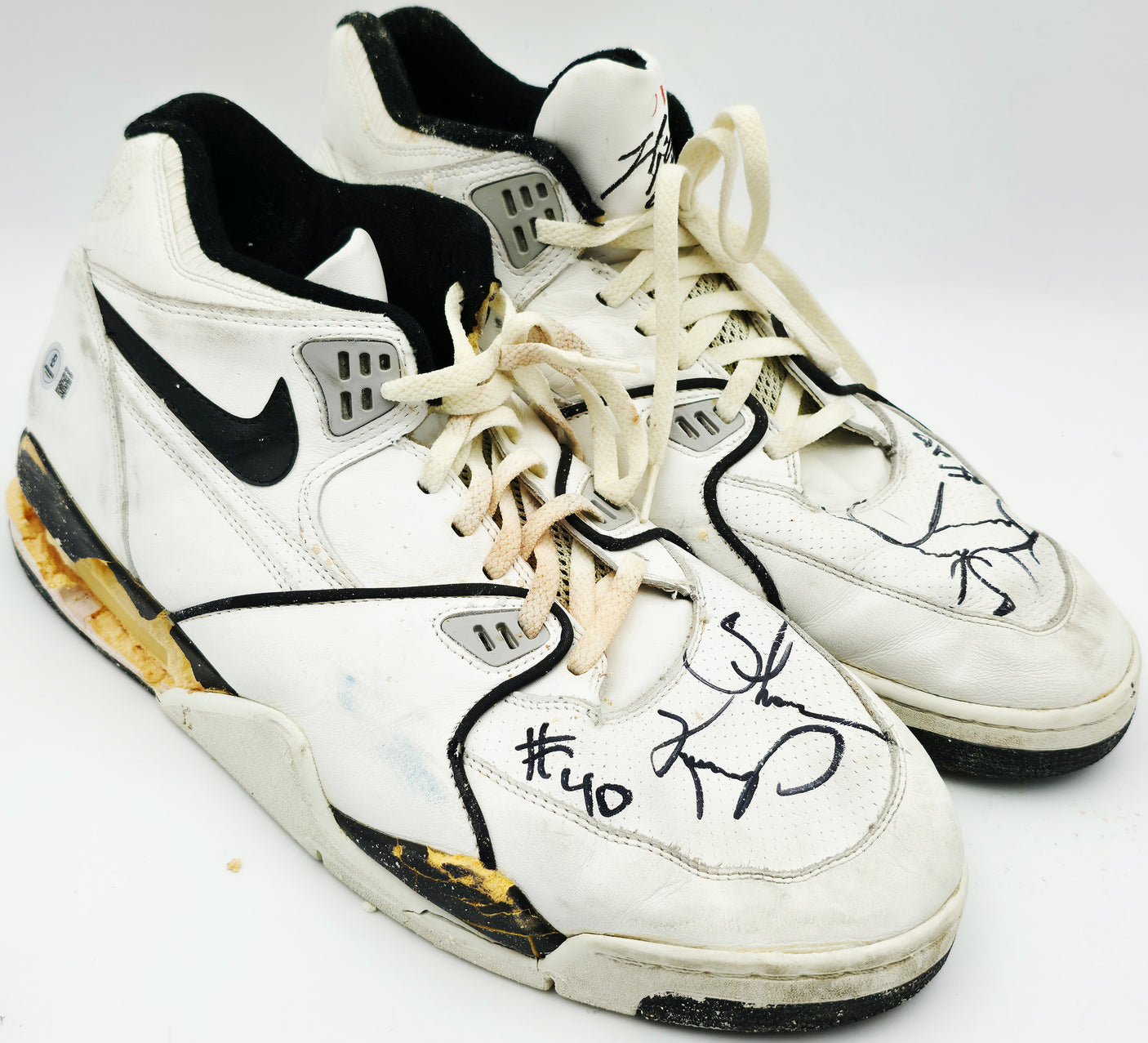 Shawn Kemp Autographed White Game Used Nike Air Jordan Shoes Seattle Supersonics (Damaged) Beckett BAS QR #BR84869 & BR84870