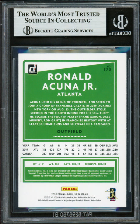 Ronald Acuna Jr. Autographed 2020 Donruss Card #170 Atlanta Braves Beckett BAS #16710805