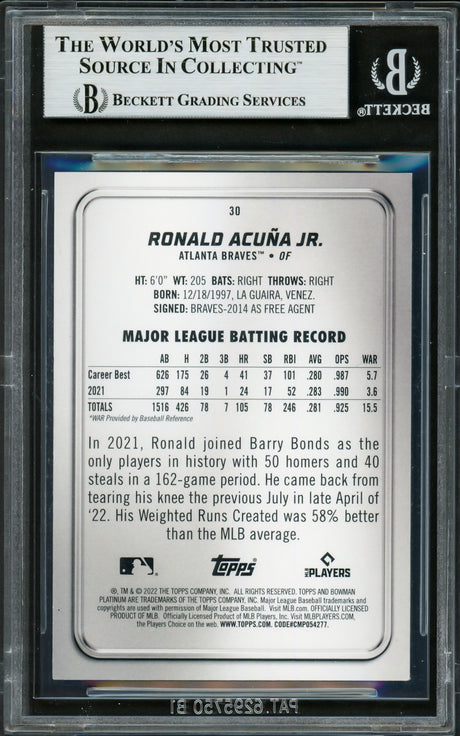 Ronald Acuna Jr. Autographed 2022 Bowman Platinum Card #30 Atlanta Braves Beckett BAS #16711140