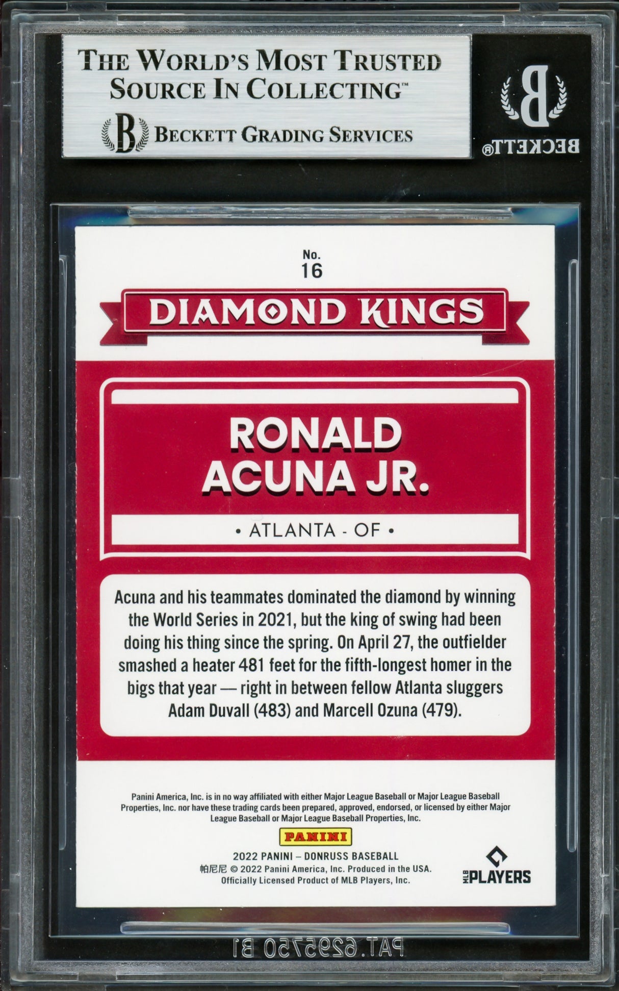 Ronald Acuna Jr. Autographed 2022 Donruss Diamond Kings Card #16 Atlanta Braves Beckett BAS #16711148