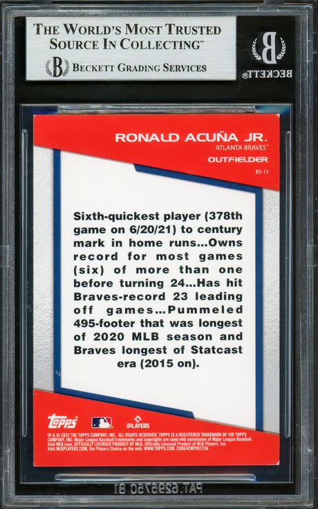 Ronald Acuna Jr. Autographed 2022 Topps Opening Day Bomb Squad Card #BS13 Atlanta Braves Beckett BAS #16711359