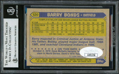 Barry Bonds Autographed 1987 Topps Rookie Card #320 Pittsburgh Pirates Vintage Rookie Era Signature Beckett BAS #16711432