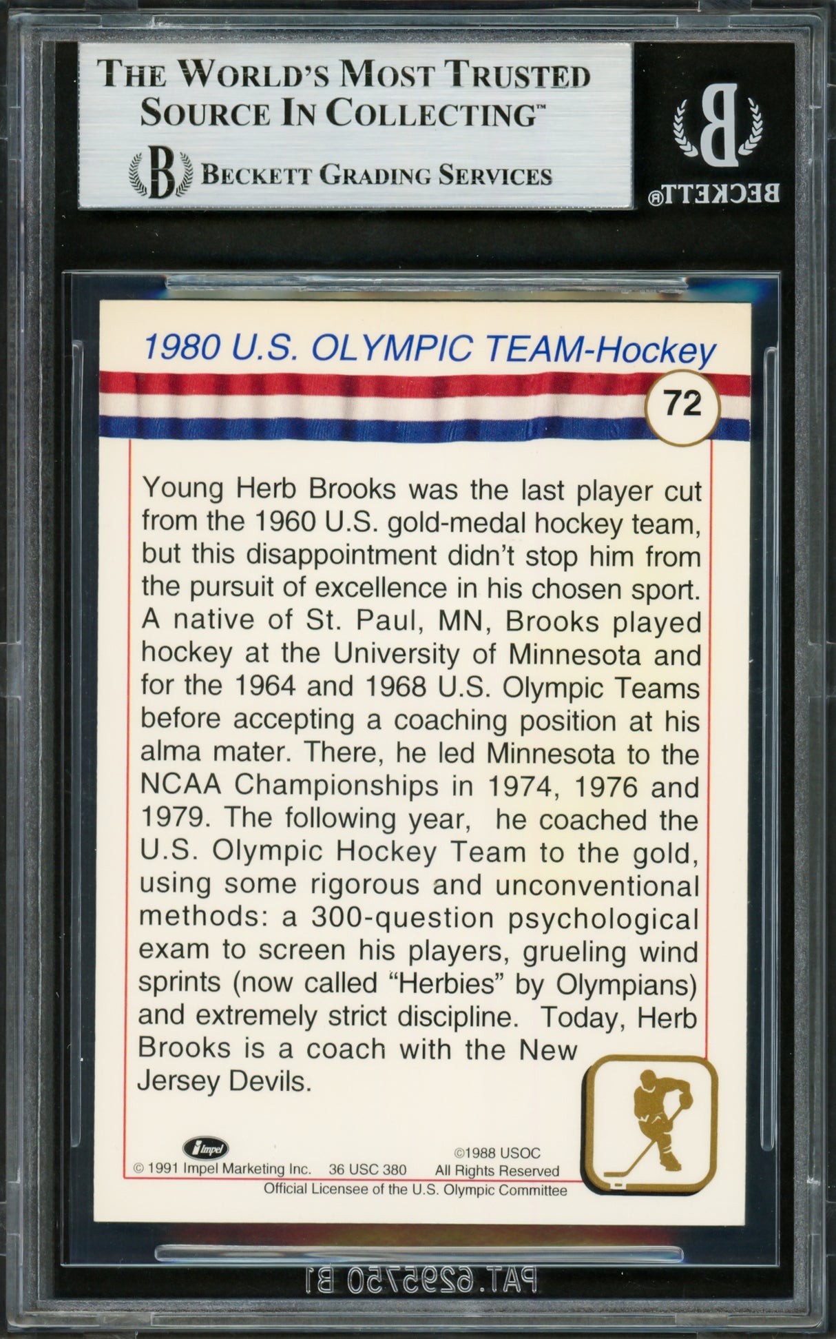 Herb Brooks Autographed 1991 Impel Card #72 1980 Team USA Hockey Beckett BAS #16711434