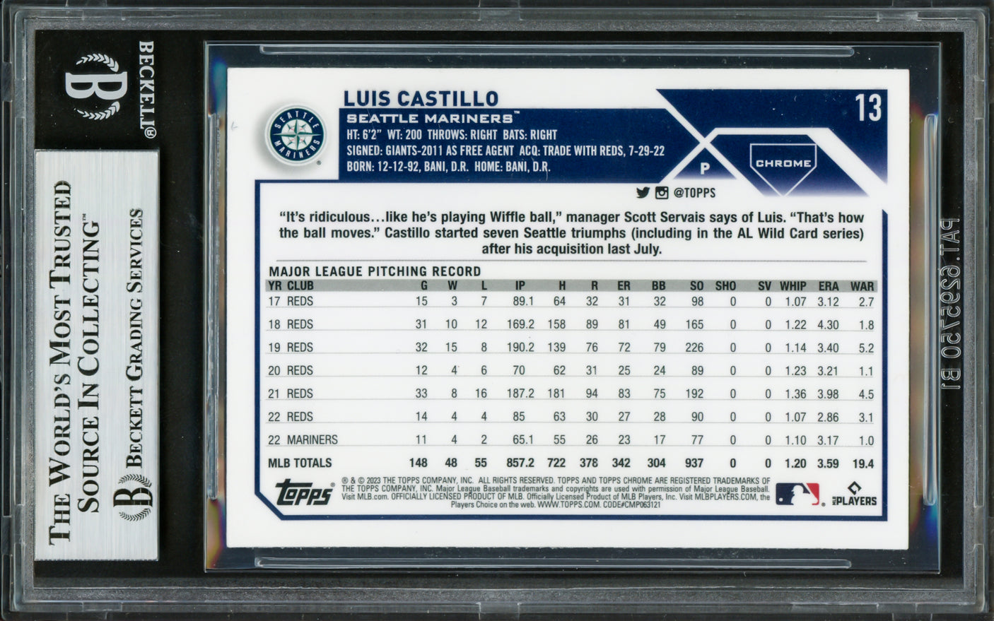 Luis Castillo Autographed 2023 Topps Chrome Prism Refractor Card #13 Seattle Mariners Beckett BAS #16711790