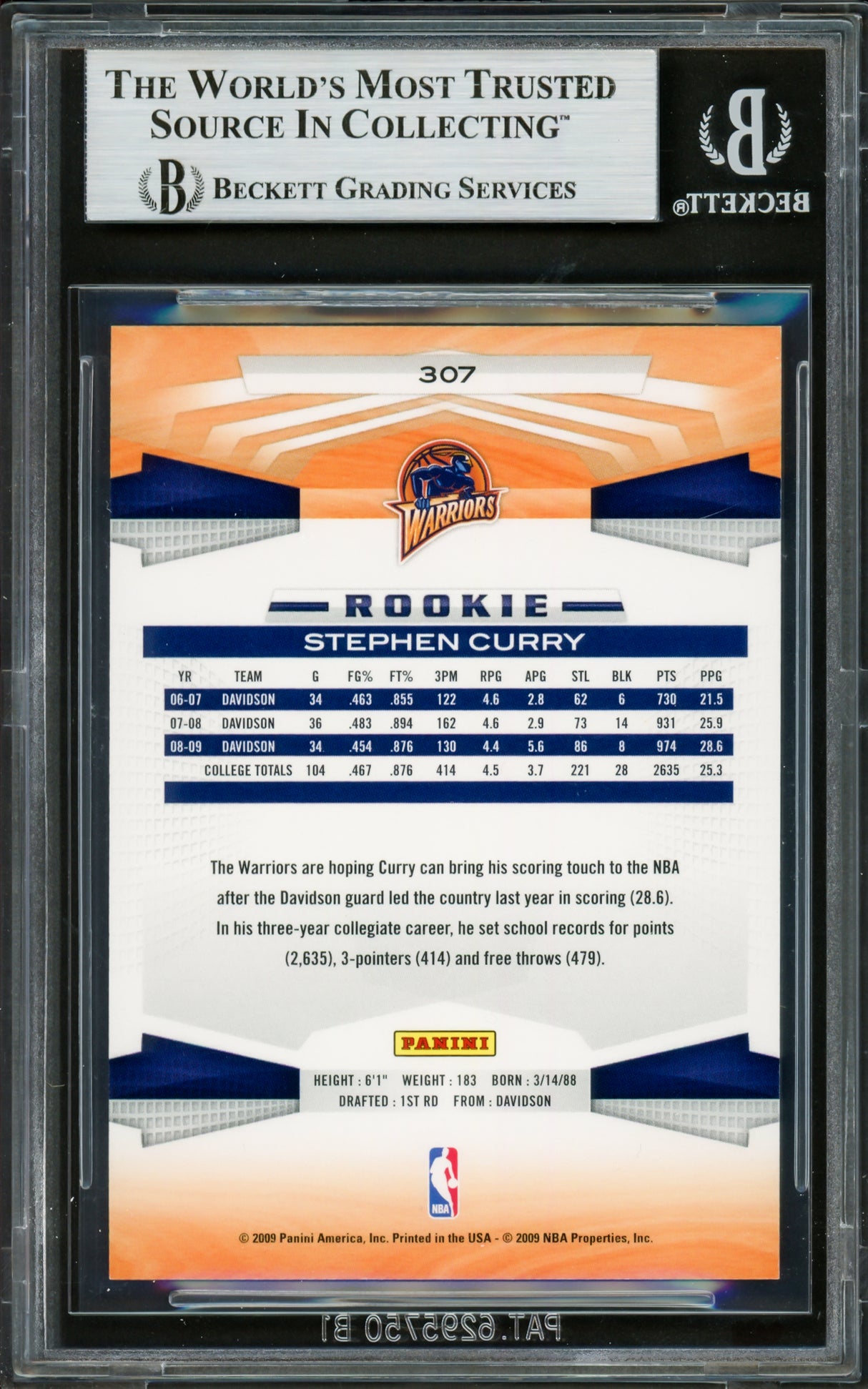 Stephen Curry Autographed 2009-10 Panini Rookie Card #307 Golden State Warriors Beckett BAS #16713298