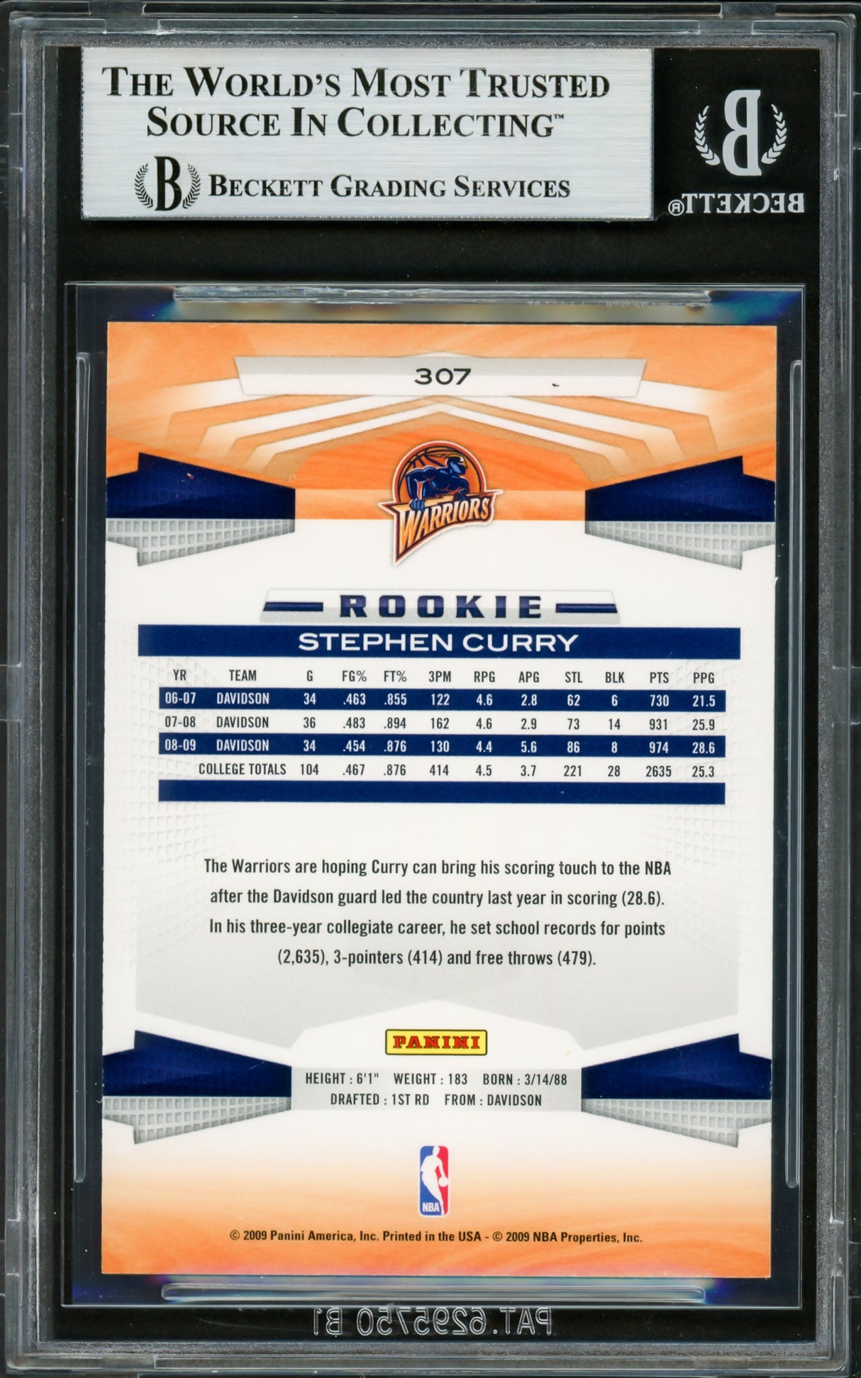 Stephen Curry Autographed 2009-10 Panini Rookie Card #307 Golden State Warriors Beckett BAS #16713300
