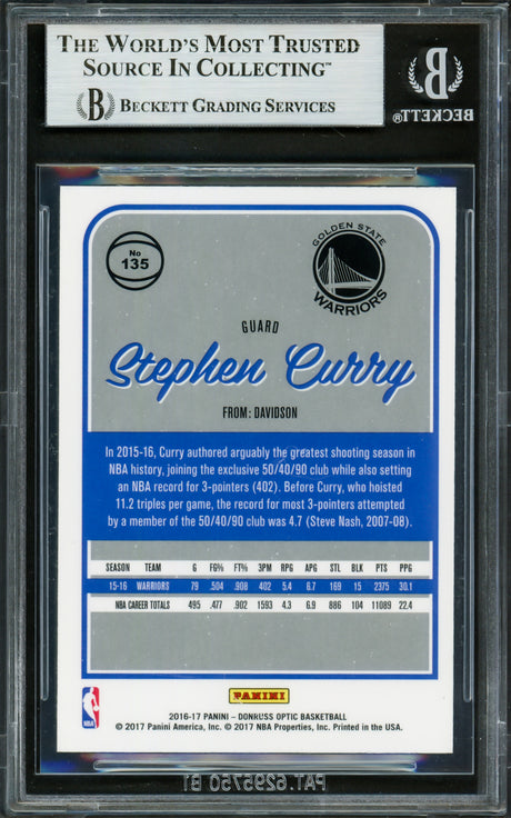 Stephen Curry Autographed 2016-17 Donruss Optic Card #135 Golden State Warriors Beckett BAS #16713382