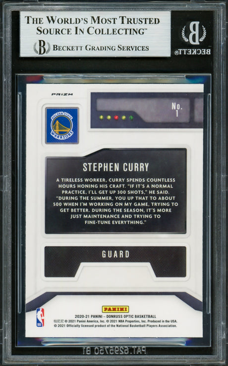 Stephen Curry Autographed 2020-21 Donruss Optic T-Minus Prizm Card #1 Golden State Warriors Beckett BAS #16713637