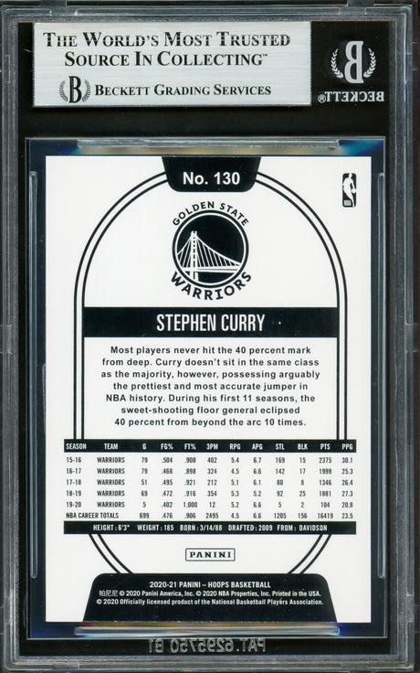 Stephen Curry Autographed 2020-21 Hoops Card #130 Golden State Warriors Beckett BAS #16713643