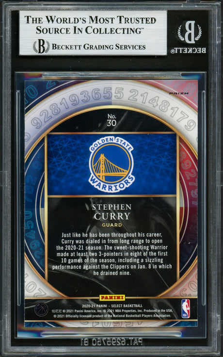 Stephen Curry Autographed 2020-21 Select Numbers Blue Shimmer Prizm Card #30 Golden State Warriors Beckett BAS #16714018