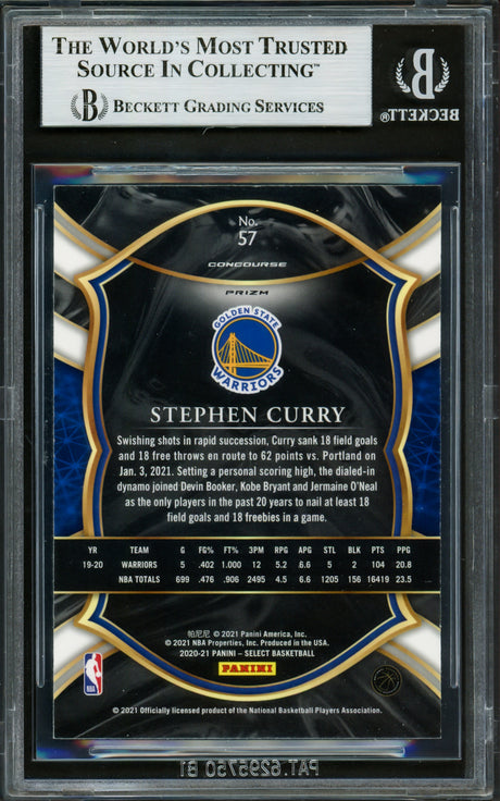 Stephen Curry Autographed 2020-21 Select Blue Prizm Card #57 Golden State Warriors Beckett BAS #16713926