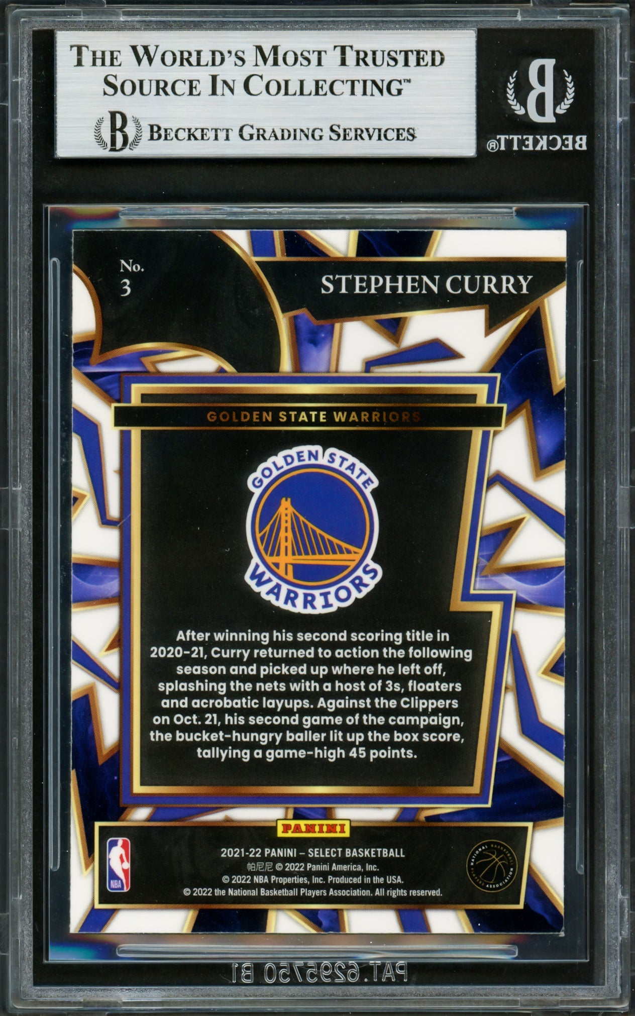 Stephen Curry Autographed 2020-21 Select Turbocharged Card #3 Golden State Warriors Beckett BAS #16714072