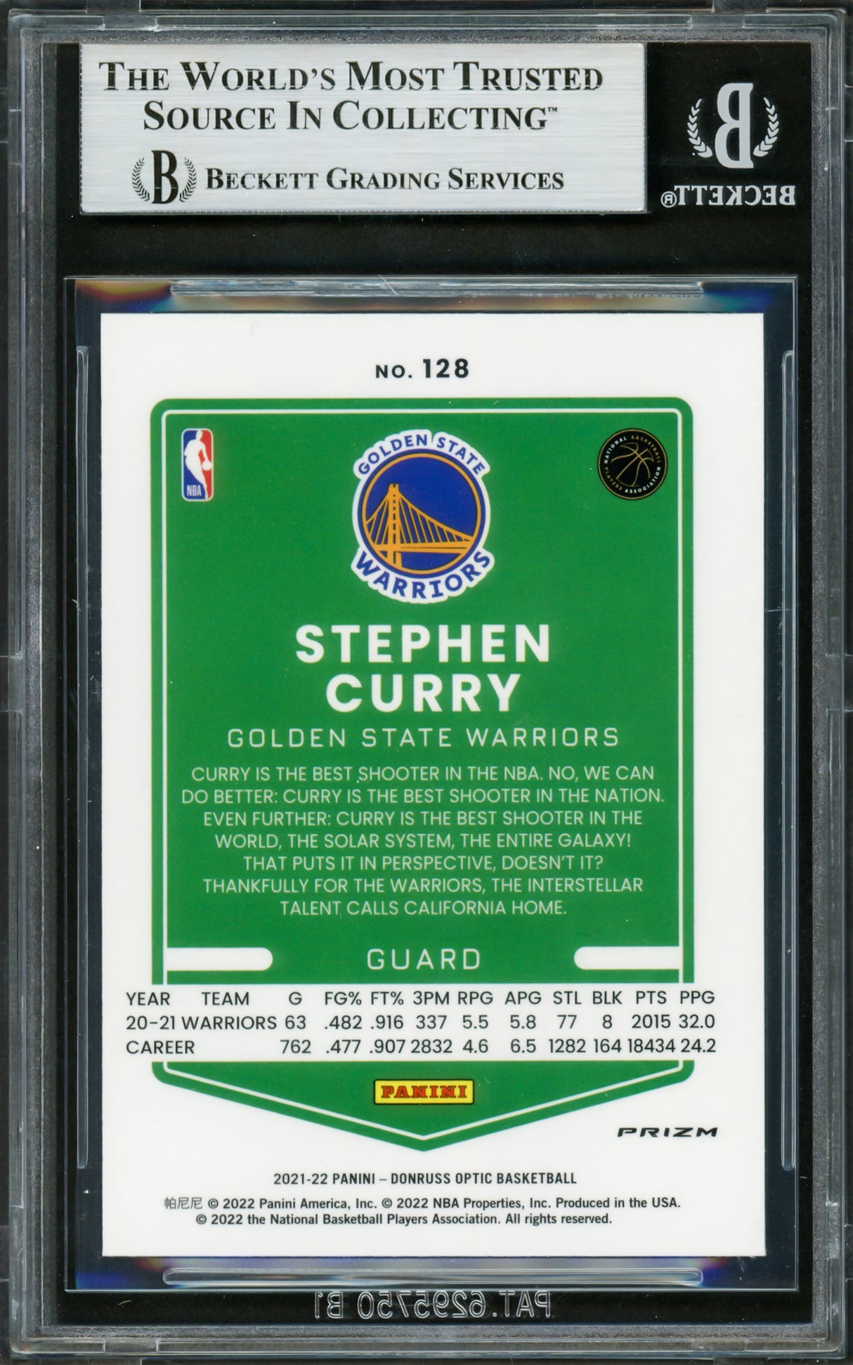 Stephen Curry Autographed 2021-22 Donruss Optic Blue Velocity Prizm Card #128 Golden State Warriors Beckett BAS #16714099