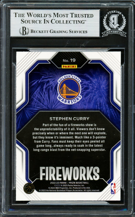 Stephen Curry Autographed 2022-23 Panini Prizm Fireworks Card #19 Golden State Warriors Beckett BAS #16708138