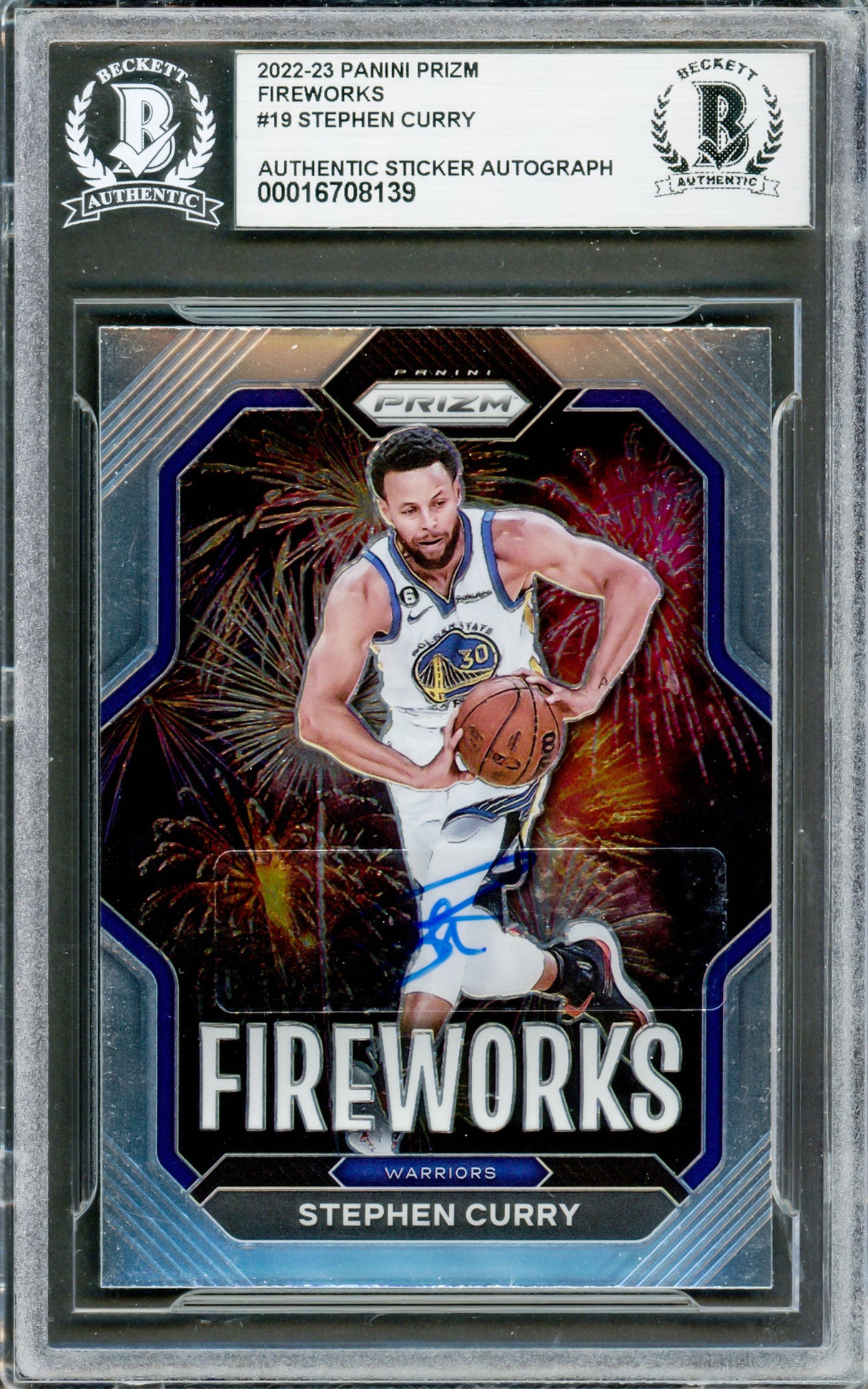 Stephen Curry Autographed 2022-23 Panini Prizm Fireworks Card #19 Golden State Warriors Beckett BAS #16708139