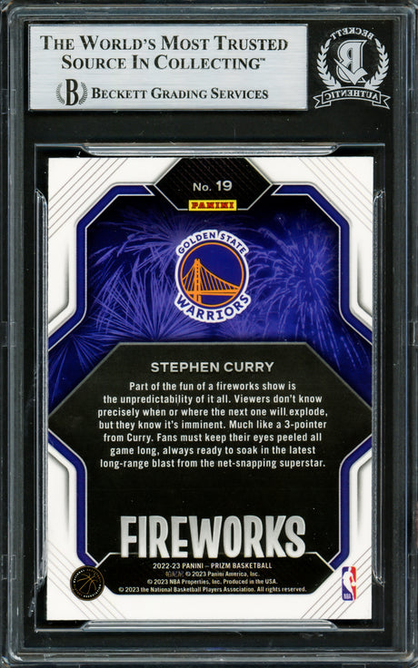 Stephen Curry Autographed 2022-23 Panini Prizm Fireworks Card #19 Golden State Warriors Beckett BAS #16708139