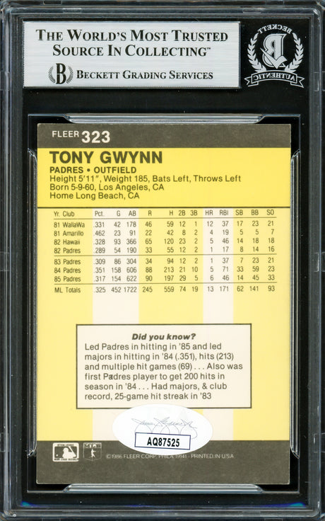 Tony Gwynn Autographed 1986 Fleer Card #323 San Diego Padres Beckett BAS #16705737
