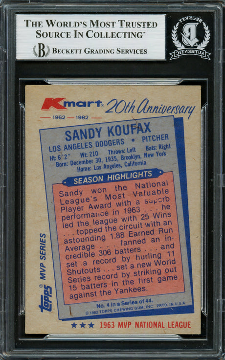 Sandy Koufax Autographed 1982 Topps K-Mart Card #4 Los Angeles Dodgers (Tape Attached) Beckett BAS #16705796