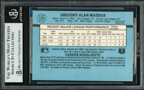 Greg Maddux Autographed 1988 Donruss Card #539 Chicago Cubs Beckett BAS #16705803