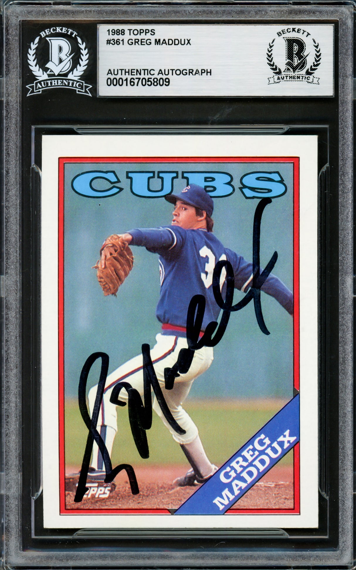 Greg Maddux Autographed 1988 Topps Card #361 Chicago Cubs Beckett BAS #16705809