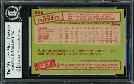 Kirby Puckett Autographed 1985 Topps Rookie Card #536 Minnesota Twins Beckett BAS #16705853