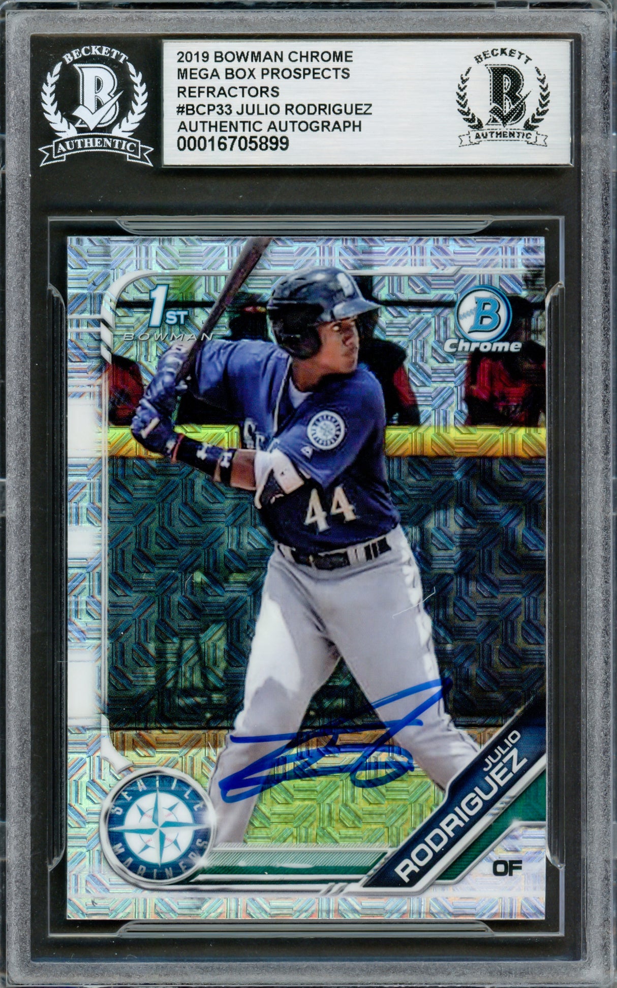 Julio Rodriguez Autographed 2019 1st Bowman Chrome Mega Refractor Rookie Card #BCP33 Seattle Mariners Beckett BAS #16705899