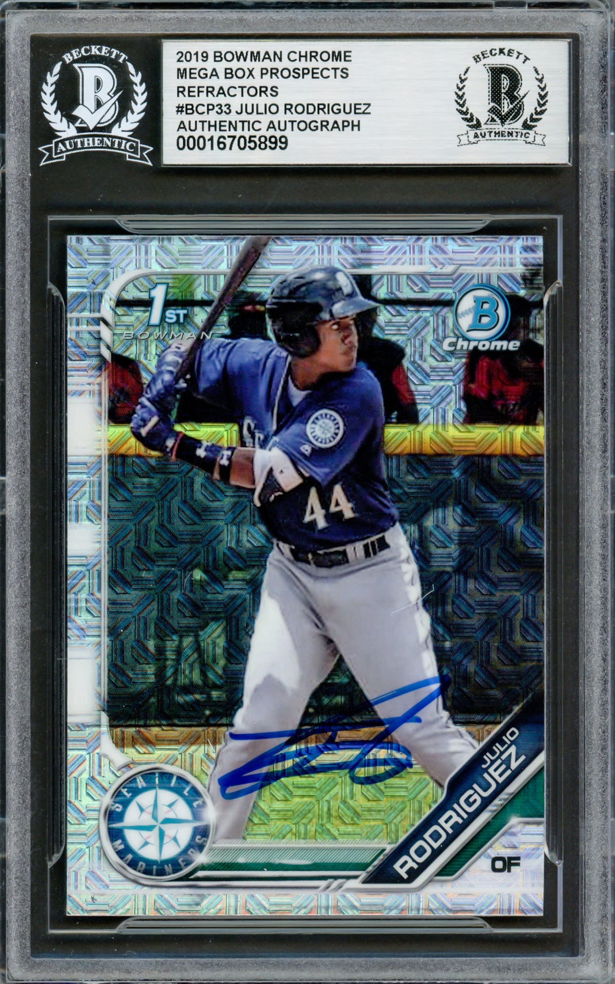 Julio Rodriguez Autographed 2019 1st Bowman Chrome Mega Refractor Rookie Card #BCP33 Seattle Mariners Beckett BAS #16705899