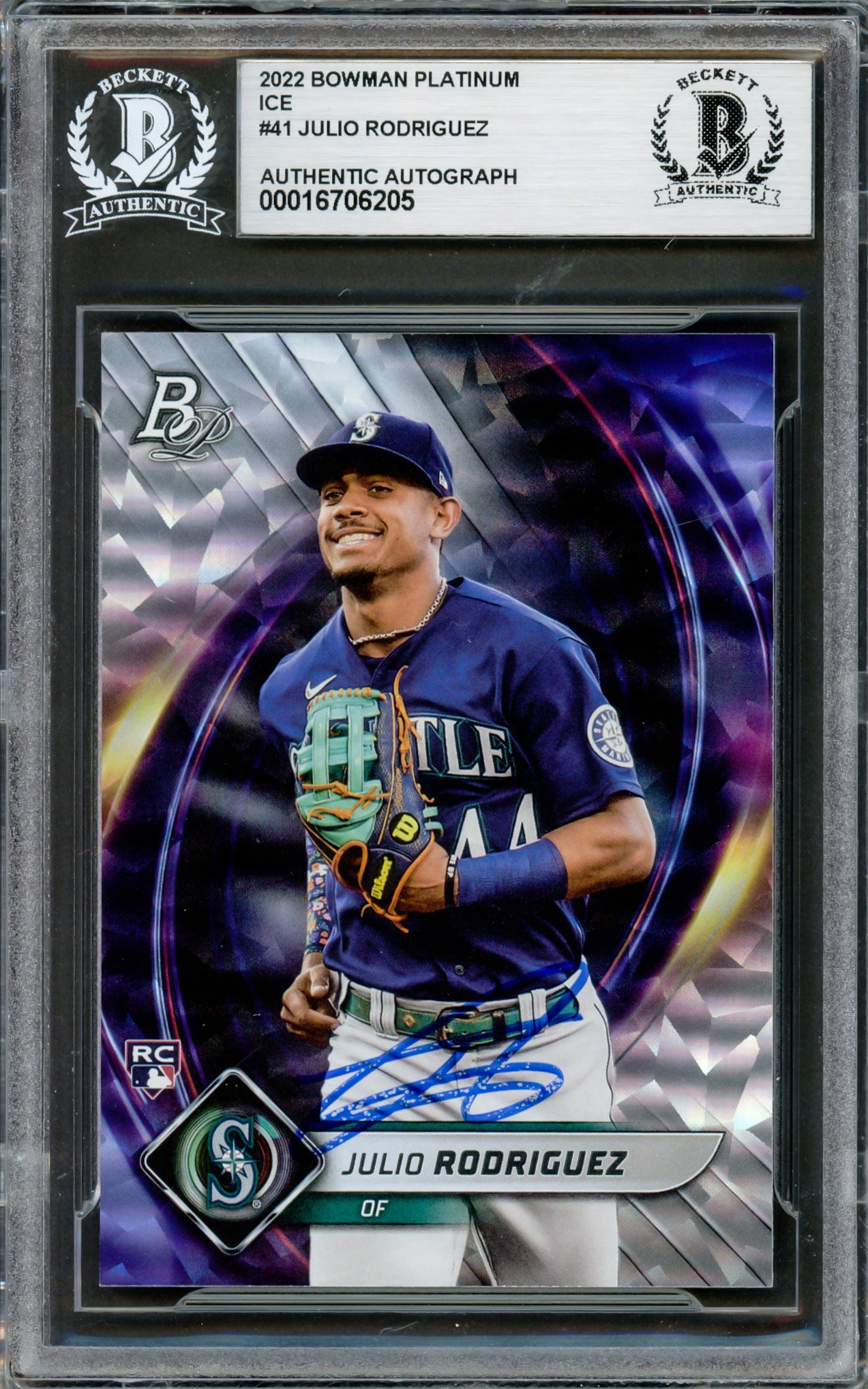 Julio Rodriguez Autographed 2022 Bowman Platinum Ice Foilboard Rookie Card #41 Seattle Mariners Beckett BAS #16706205