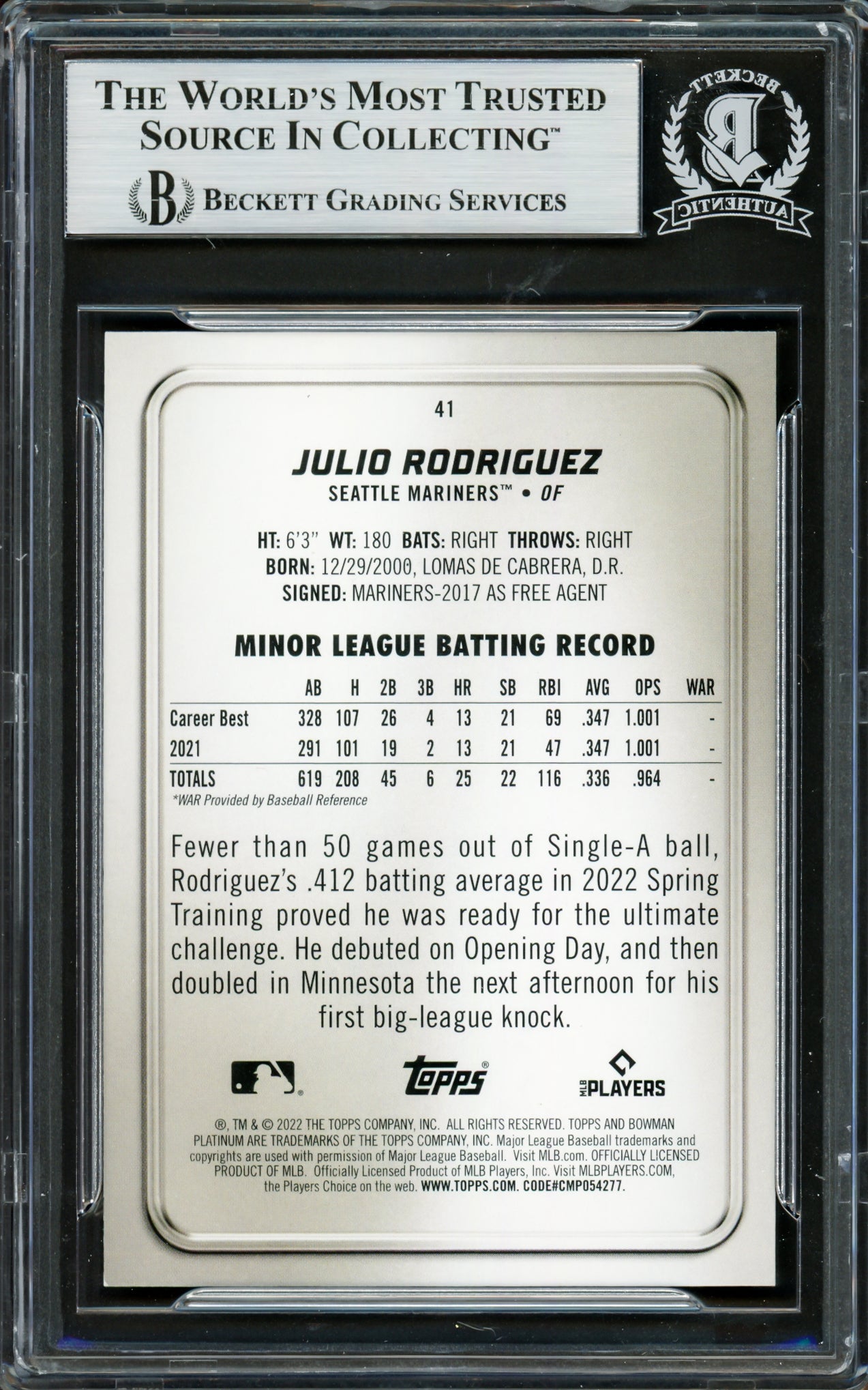 Julio Rodriguez Autographed 2022 Bowman Platinum Ice Foilboard Rookie Card #41 Seattle Mariners Beckett BAS #16706205