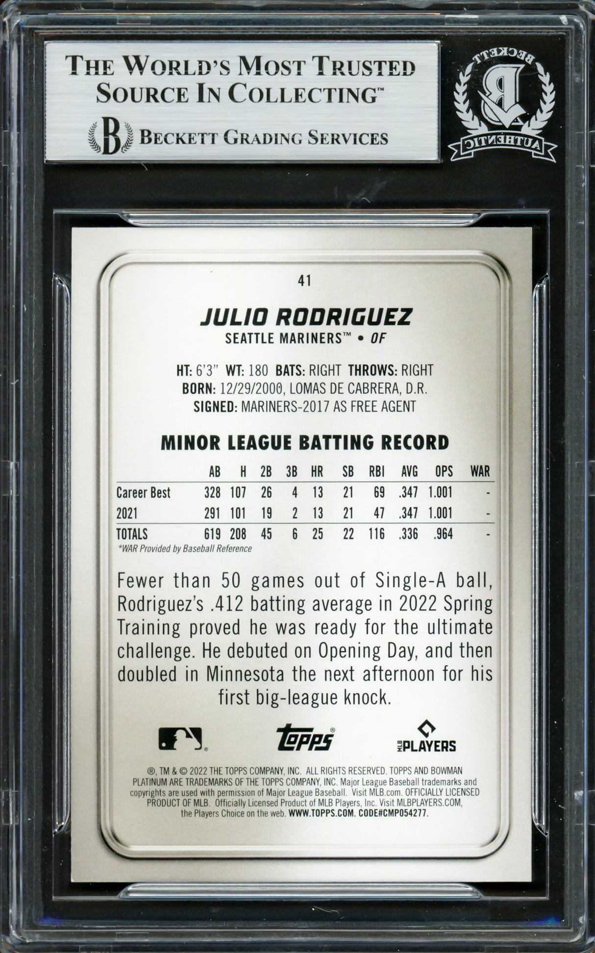 Julio Rodriguez Autographed 2022 Bowman Platinum Ice Foilboard Rookie Card #41 Seattle Mariners Beckett BAS #16706205