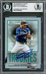 Julio Rodriguez Autographed 2022 Bowman Platinum Renowned Rookies Rookie Card #RR17 Seattle Mariners Beckett BAS #16706202