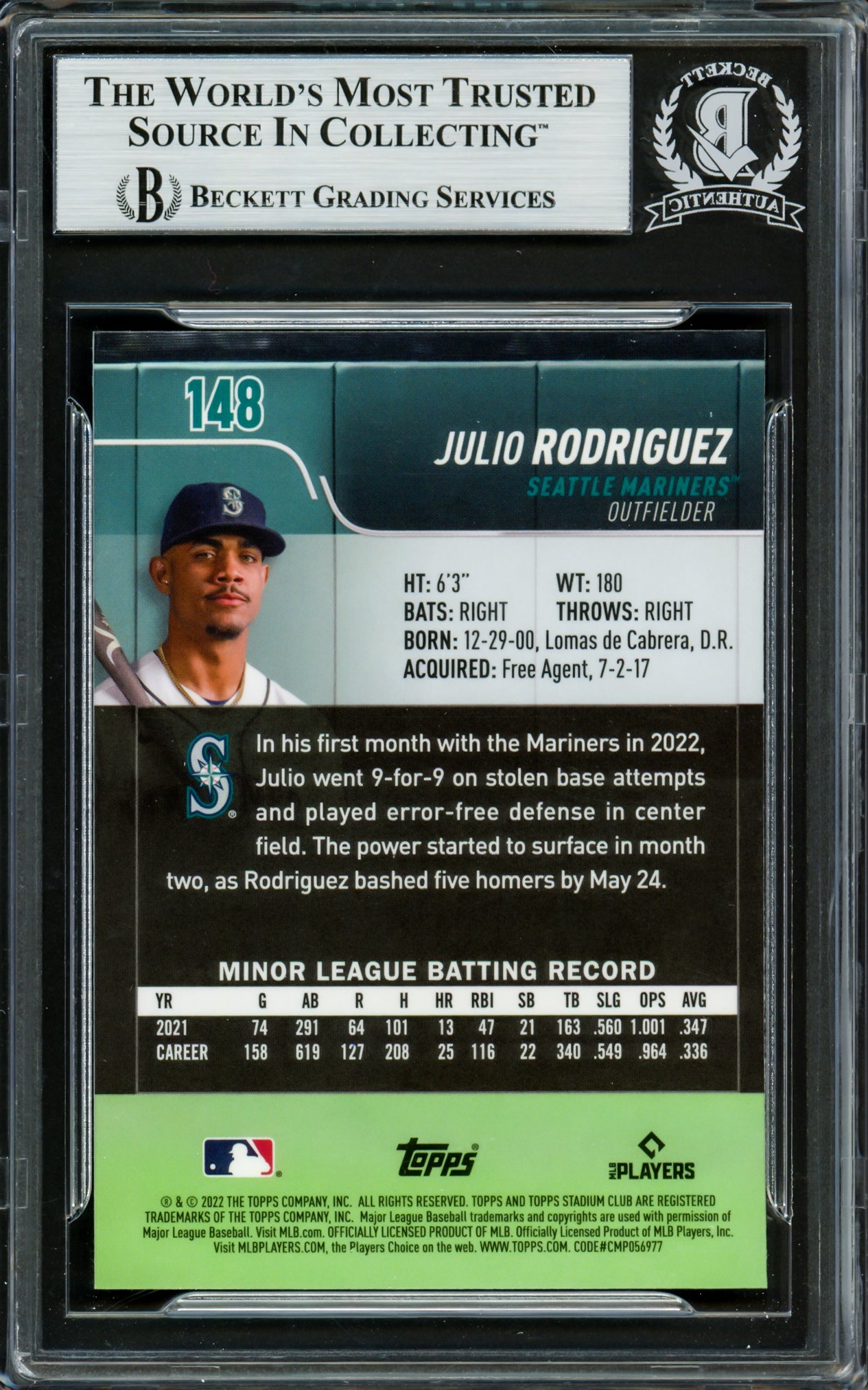 Julio Rodriguez Autographed 2022 Stadium Club Chrome Rookie Card #148 Seattle Mariners Beckett BAS #16706543