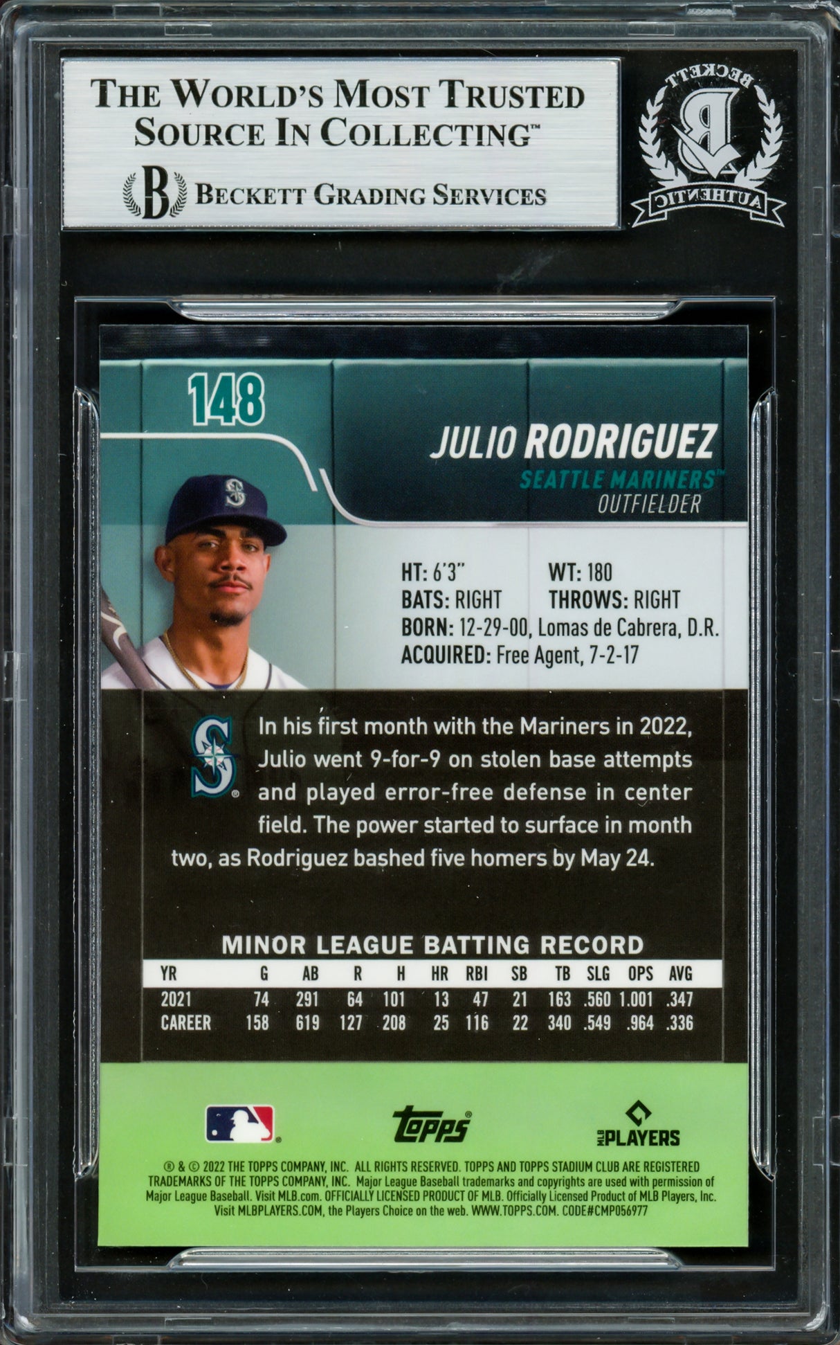Julio Rodriguez Autographed 2022 Stadium Club Chrome Rookie Card #148 Seattle Mariners Beckett BAS #16706545