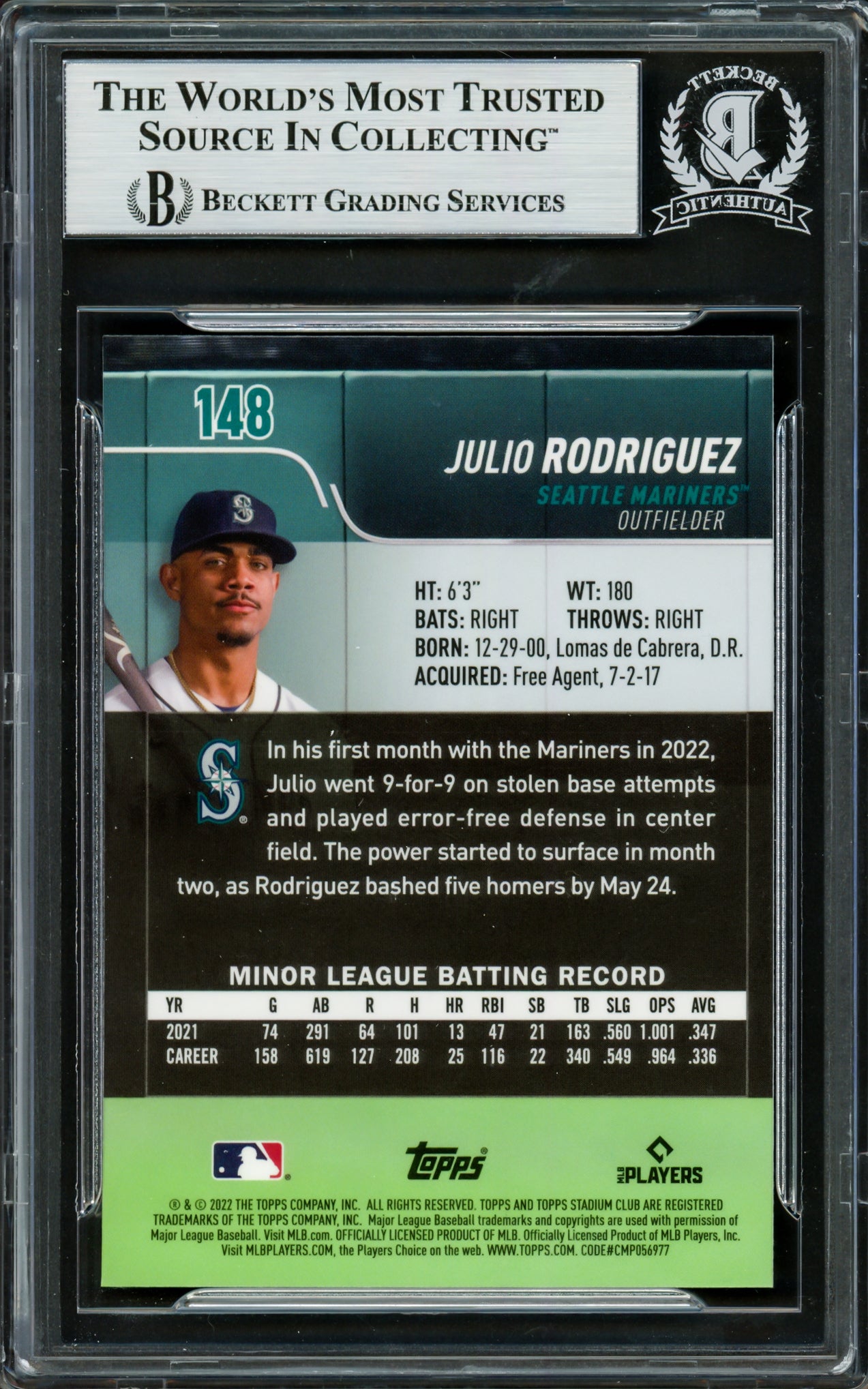 Julio Rodriguez Autographed 2022 Stadium Club Chrome Rookie Card #148 Seattle Mariners Beckett BAS #16706545