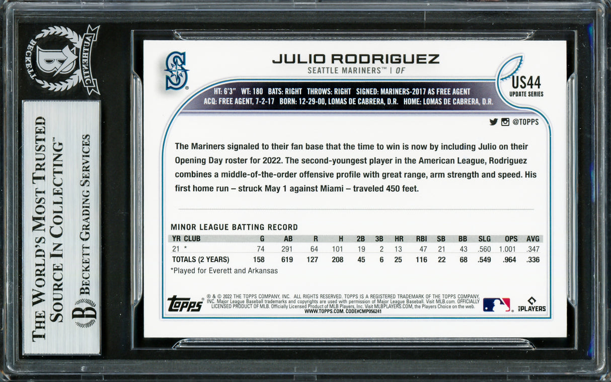 Julio Rodriguez Autographed 2022 Topps Update Rainbow Foil Rookie Card #US44 Seattle Mariners Beckett BAS #16706554