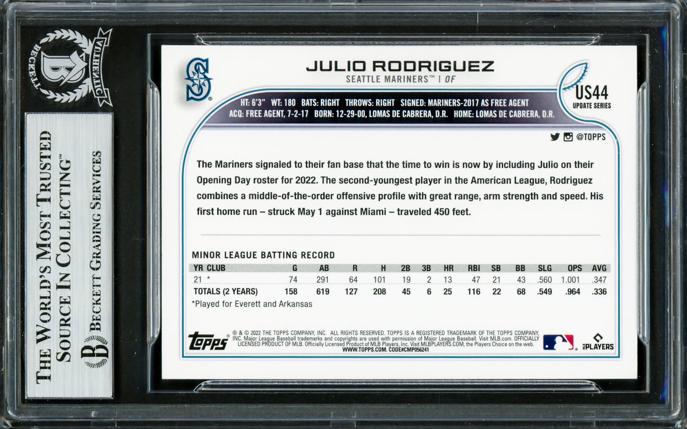 Julio Rodriguez Autographed 2022 Topps Update Rainbow Foil Rookie Card #US44 Seattle Mariners Beckett BAS #16706554