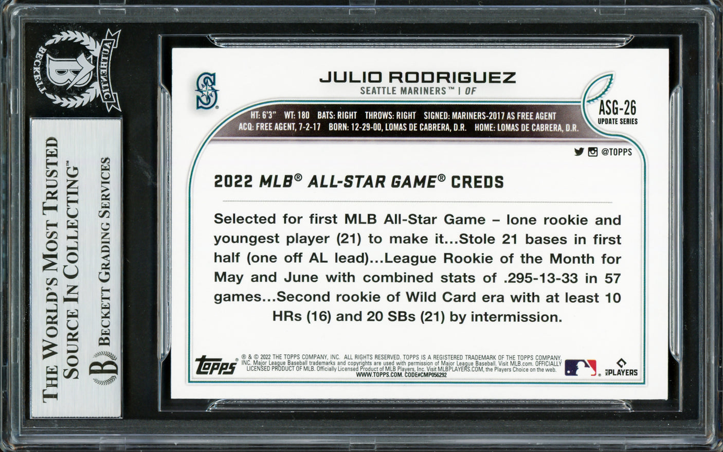 Julio Rodriguez Autographed 2022 Topps Update All Star Rookie Card #ASG26 Seattle Mariners Beckett BAS #16706762