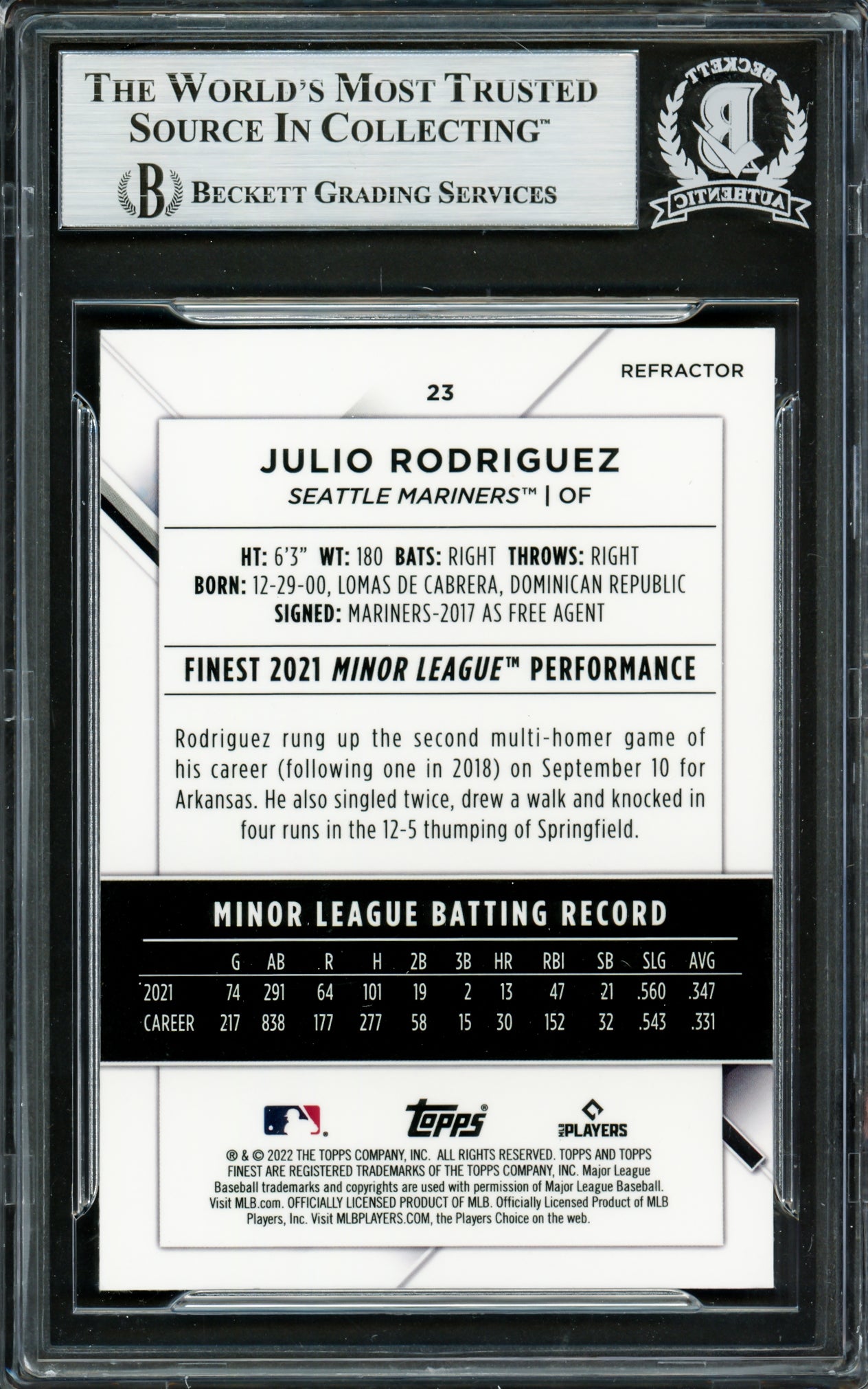 Julio Rodriguez Autographed 2022 Topps Finest Refractor Rookie Card #23 Seattle Mariners Beckett BAS #16707769