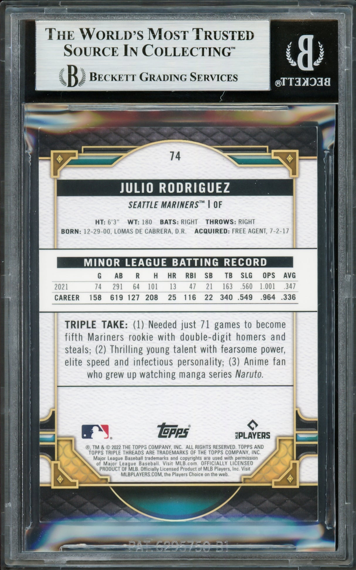Julio Rodriguez Autographed 2022 Topps Triple Threads Rookie Card #74 Seattle Mariners Beckett BAS #16707775