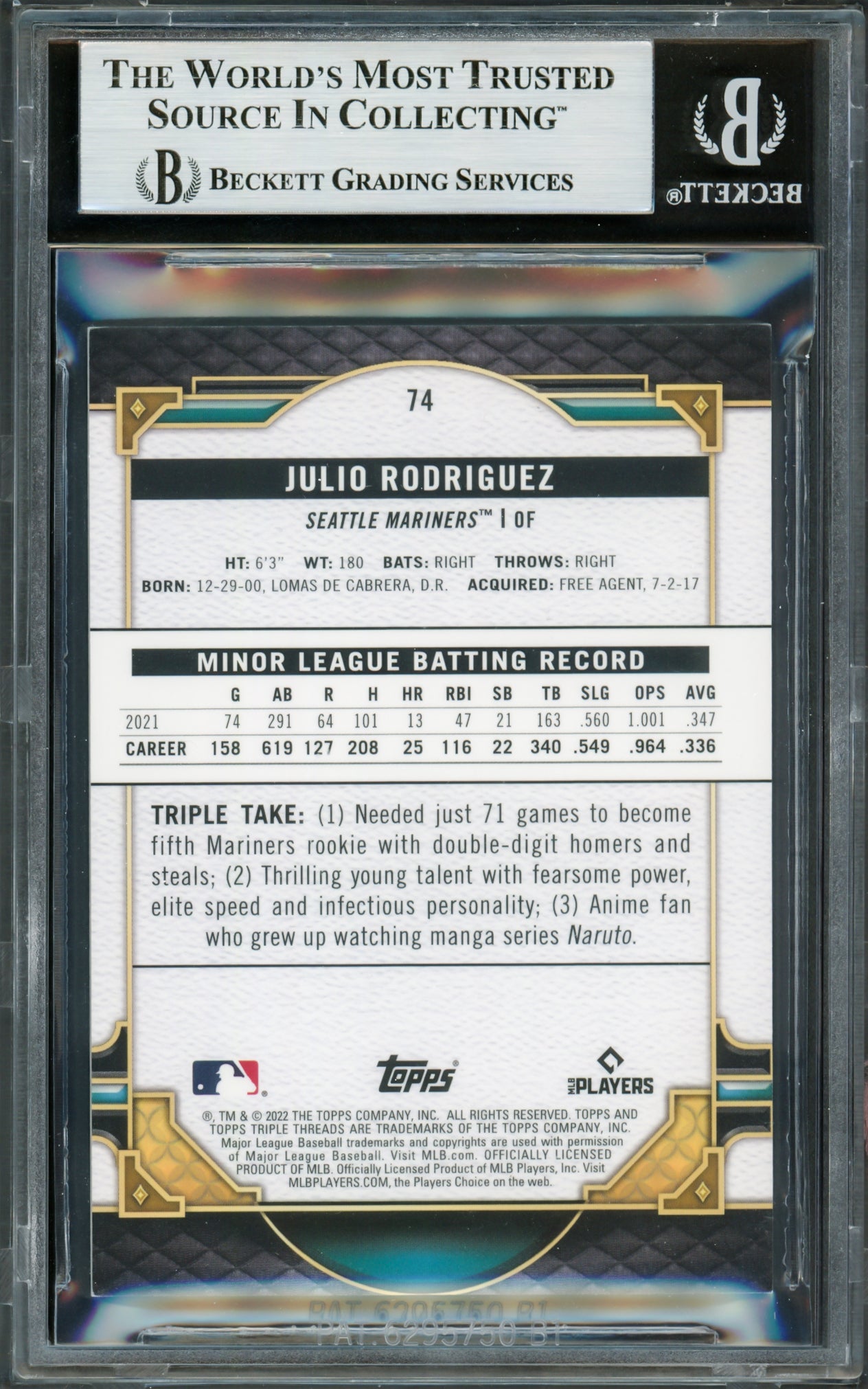 Julio Rodriguez Autographed 2022 Topps Triple Threads Rookie Card #74 Seattle Mariners Beckett BAS #16707774