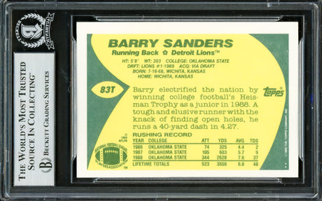 Barry Sanders Autographed 1989 Topps Traded Rookie Card #83T Detroit Lions Beckett BAS #16707783