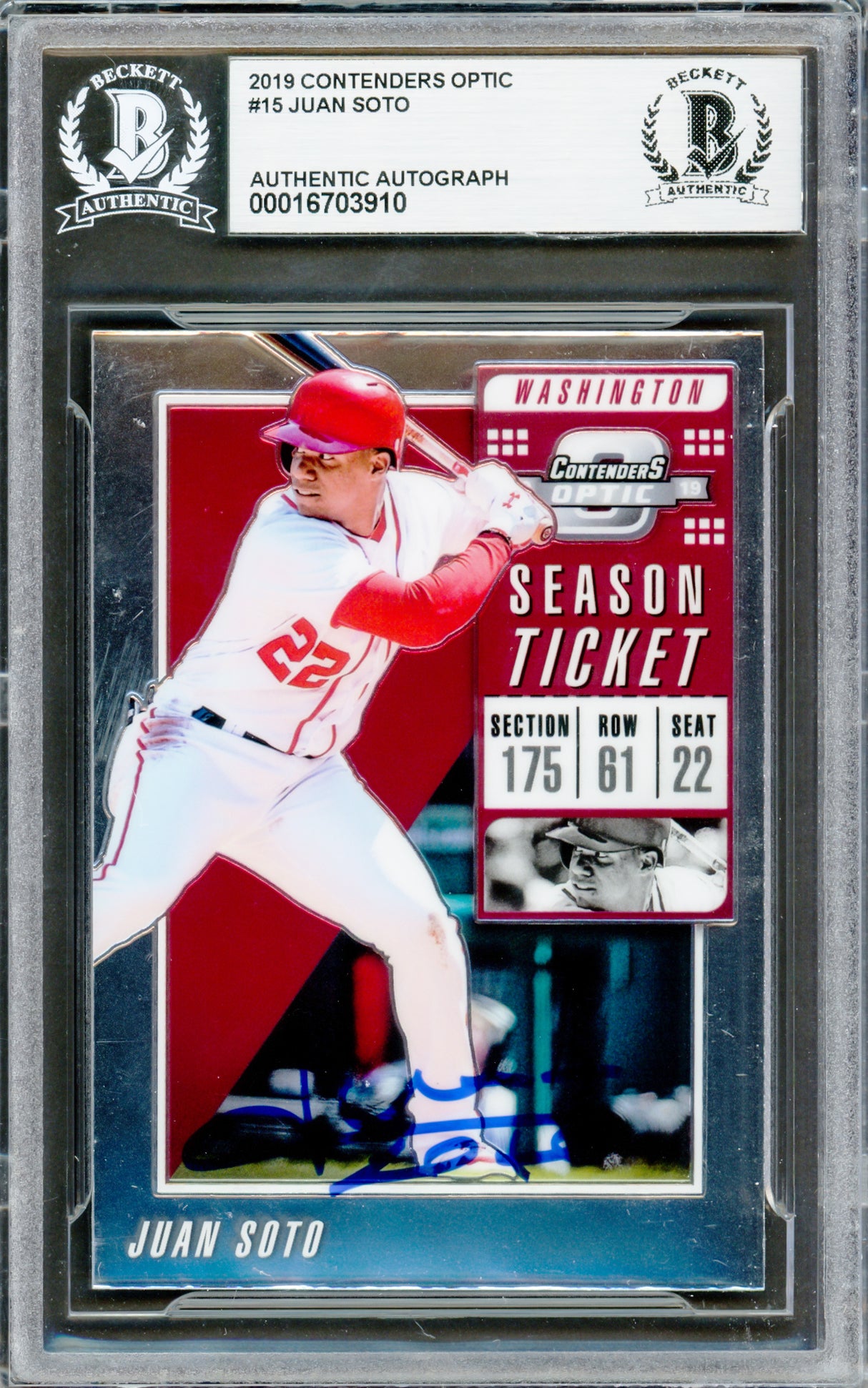 Juan Soto Autographed 2019 Contenders Optic Card #15 New York Mets Beckett BAS #16703910