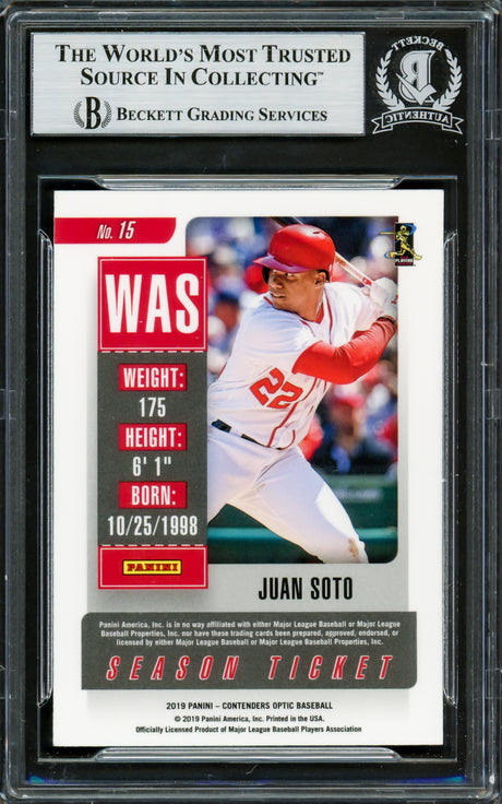 Juan Soto Autographed 2019 Contenders Optic Card #15 New York Yankees Beckett BAS #16703910