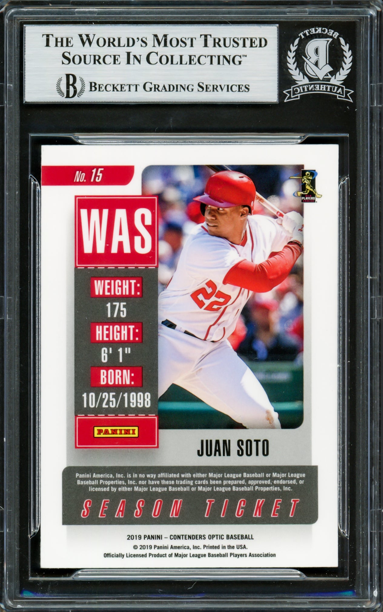Juan Soto Autographed 2019 Contenders Optic Card #15 New York Yankees Beckett BAS #16703910