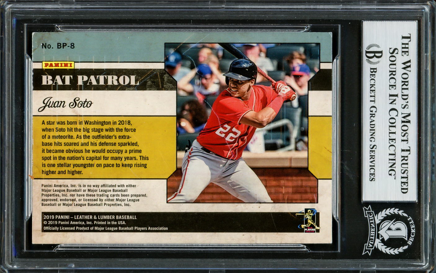 Juan Soto Autographed 2019 Panini Leather & Lumber Bat Patrol Card #BP8 New York Yankees Beckett BAS #16703915