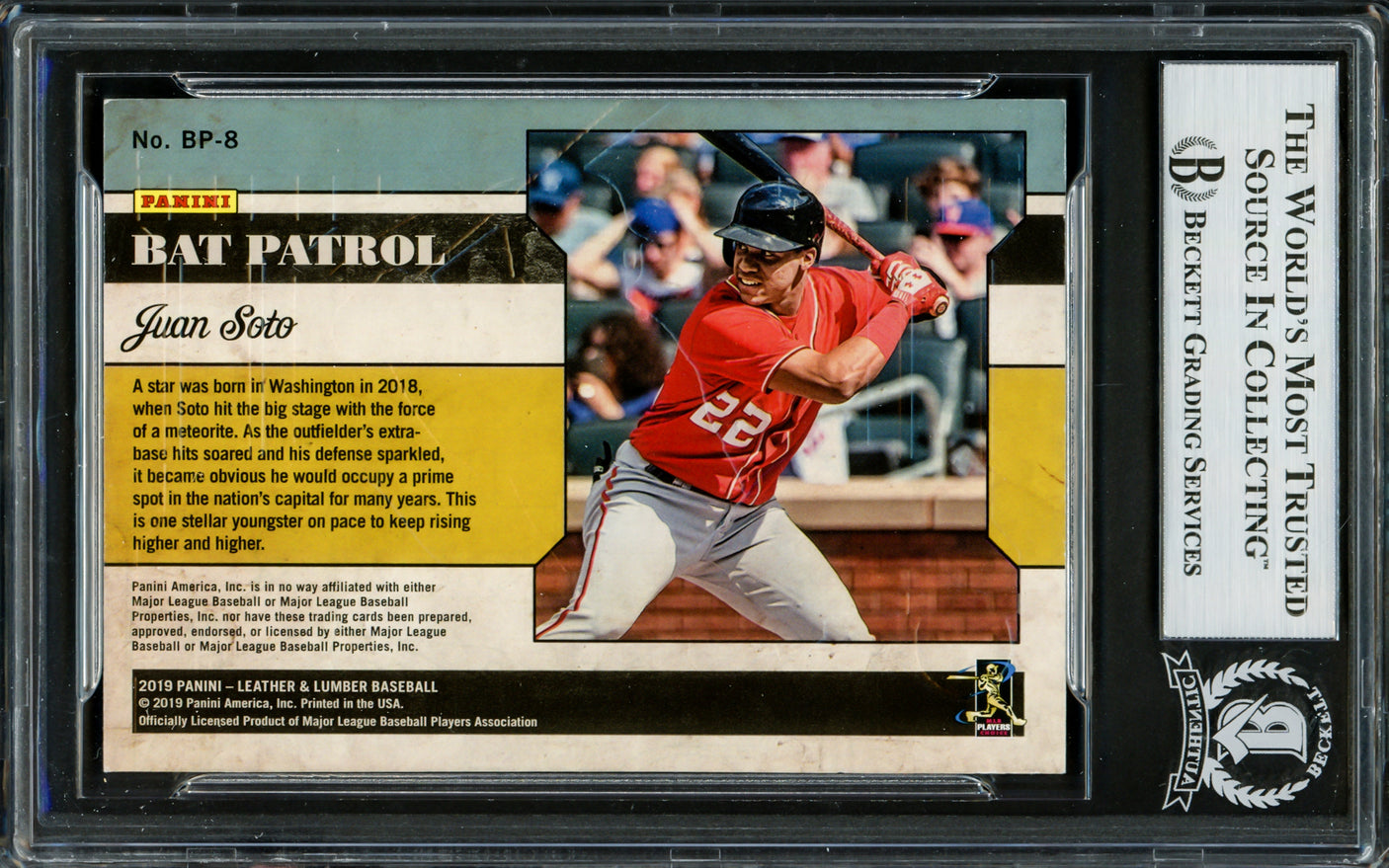 Juan Soto Autographed 2019 Panini Leather & Lumber Bat Patrol Card #BP8 New York Yankees Beckett BAS #16703916