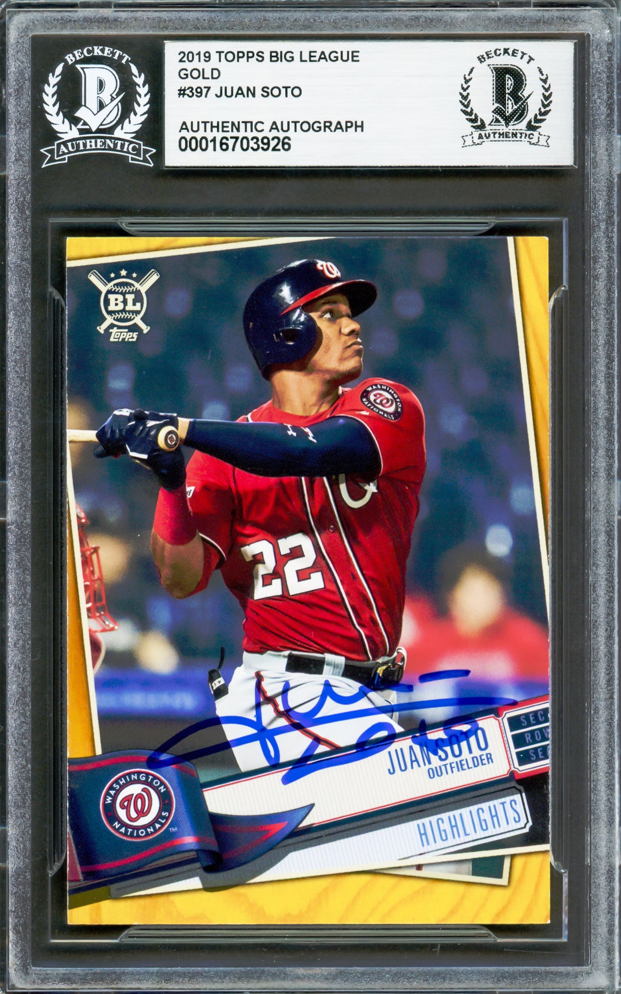 Juan Soto Autographed 2019 Topps Big League Gold Border Card #397 New York Mets Beckett BAS #16703926