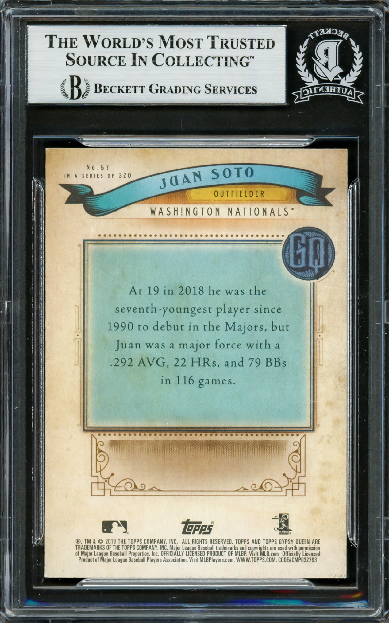 Juan Soto Autographed 2019 Topps Gypsy Queen Card #57 New York Yankees Beckett BAS #16703951