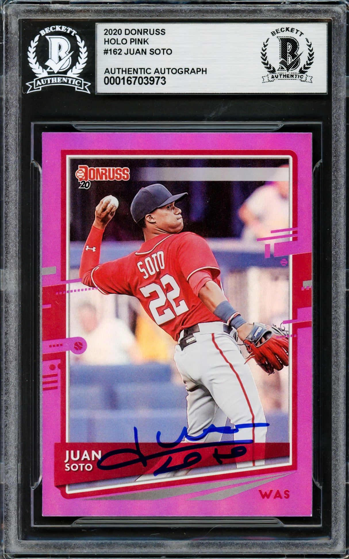 Juan Soto Autographed 2020 Donruss Holo Pink Variation Card #162 New York Mets Beckett BAS #16703973